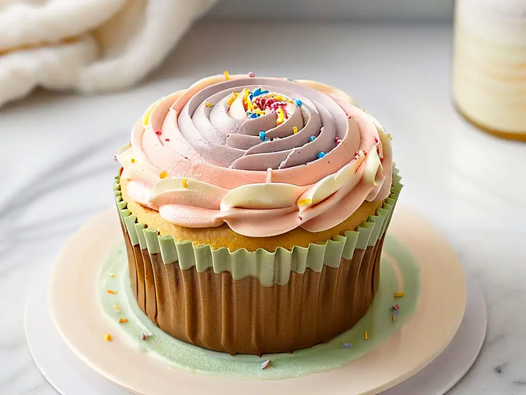 Un exquisito cupcake horneado con cápsulas para cupcakes y muffins, decorado con frosting y sprinkles pastel en un elegante mostrador de mármol blanco