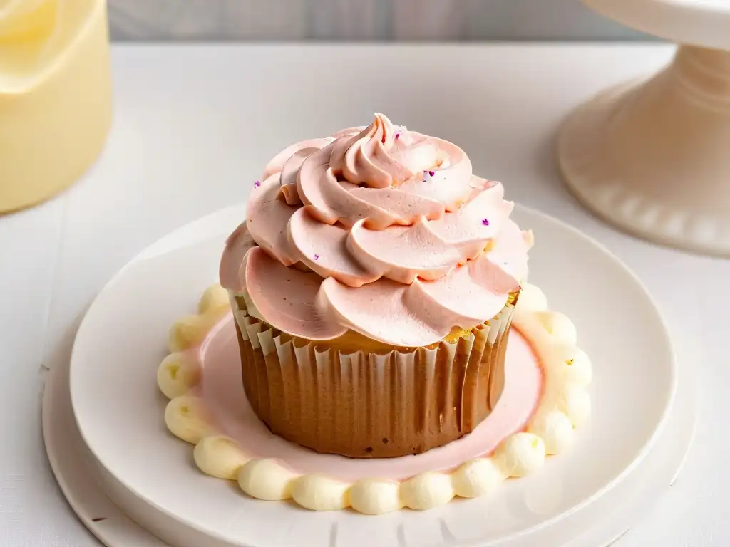 Un exquisito cupcake horneado a la perfección, con frosting rosado y un toque plateado