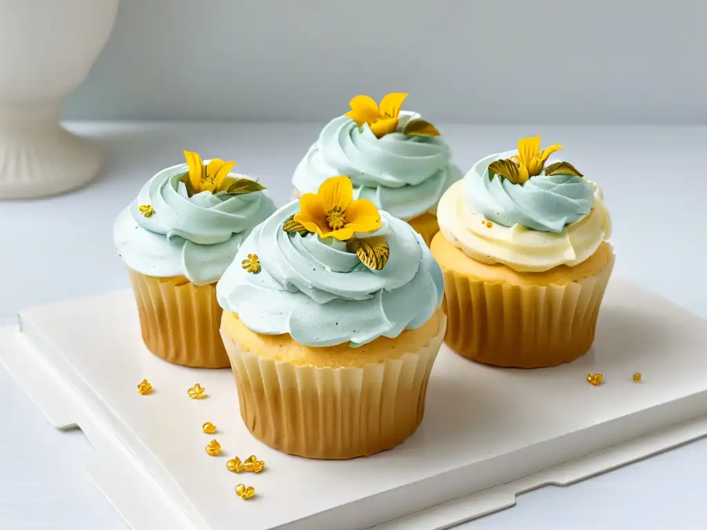 Un exquisito cupcake con decoración innovadora de buttercream pastel y flores comestibles sobre fondo blanco