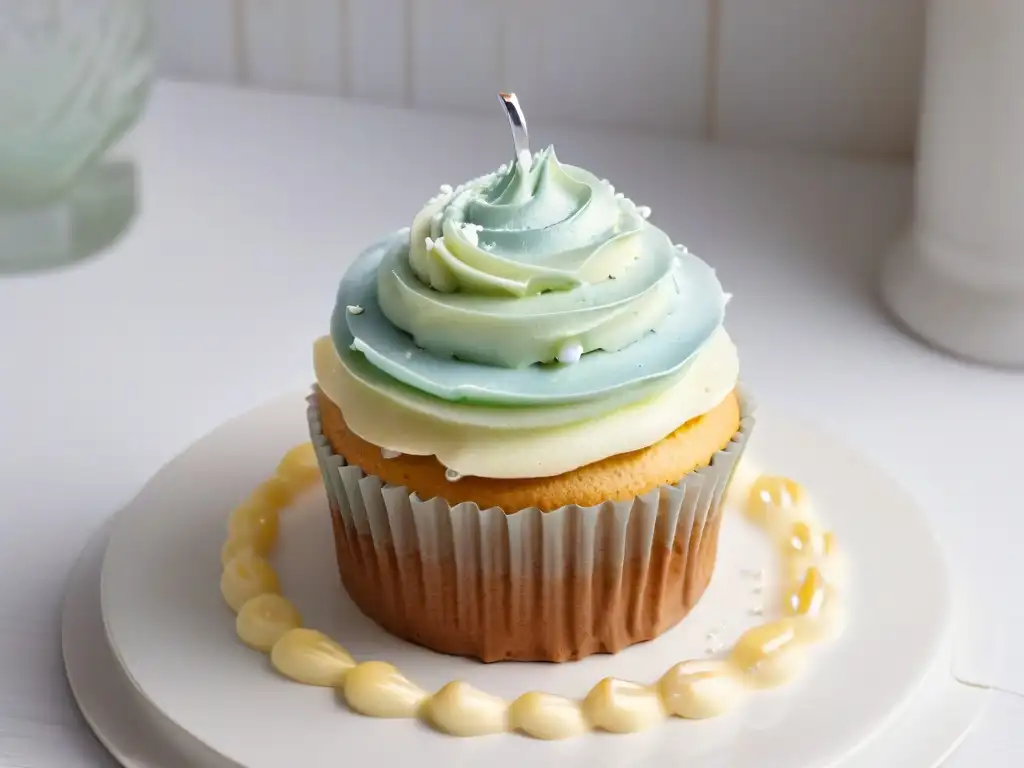 Un exquisito cupcake libre de gluten, decorado con elegancia en un entorno minimalista de cocina