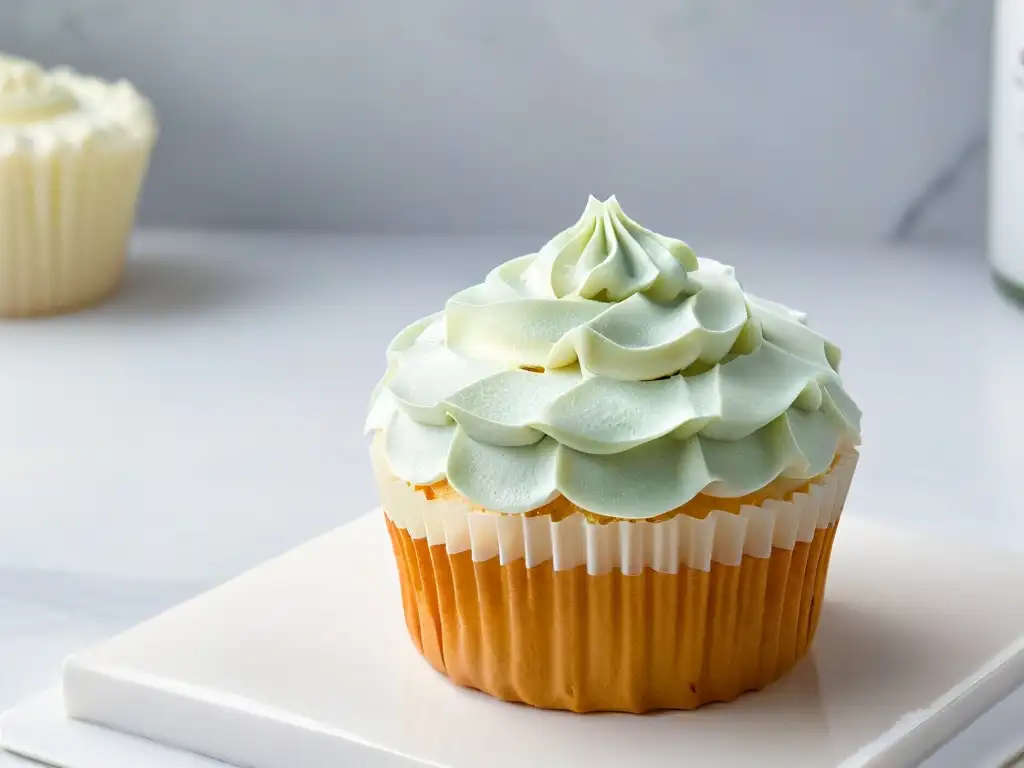 Cupcake minimalista con perlas comestibles Un exquisito cupcake minimalista con decoraciones de perlas comestibles sobre mármol blanco, arte culinario en su máxima expresión