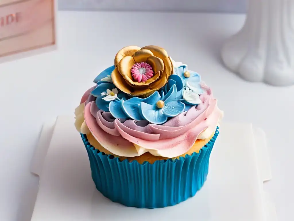 Un exquisito cupcake multicolor con flores comestibles y decoraciones doradas