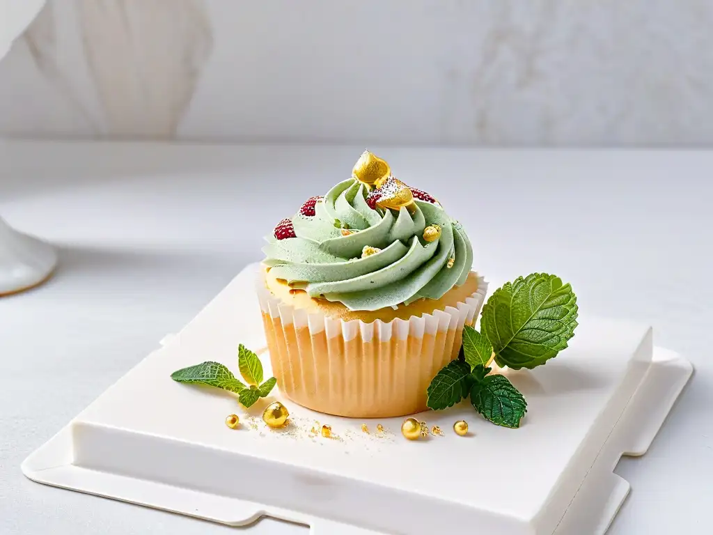 Un exquisito cupcake con oro comestible, frambuesas y menta en mármol