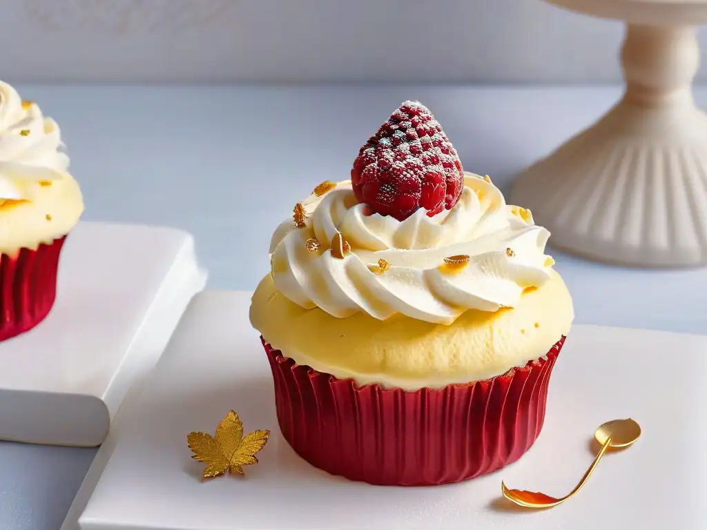 Exquisito cupcake con oro comestible y frambuesa fresca, reflejando luces suaves