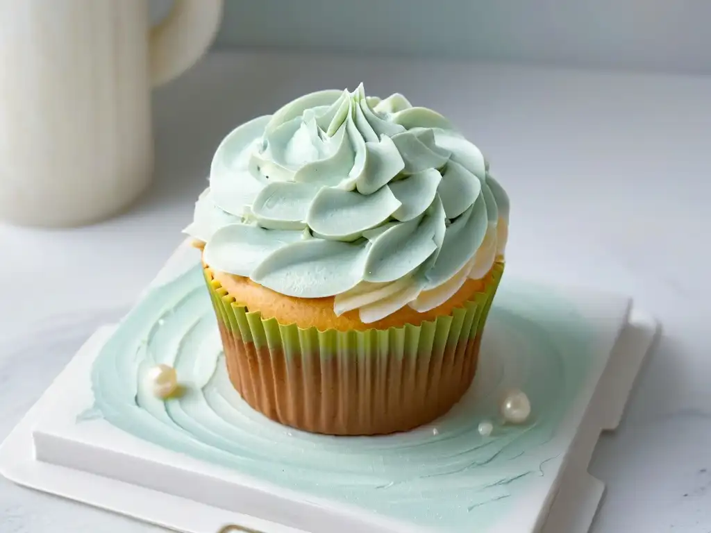 Un exquisito cupcake con swirls de buttercream pastel sobre mármol blanco