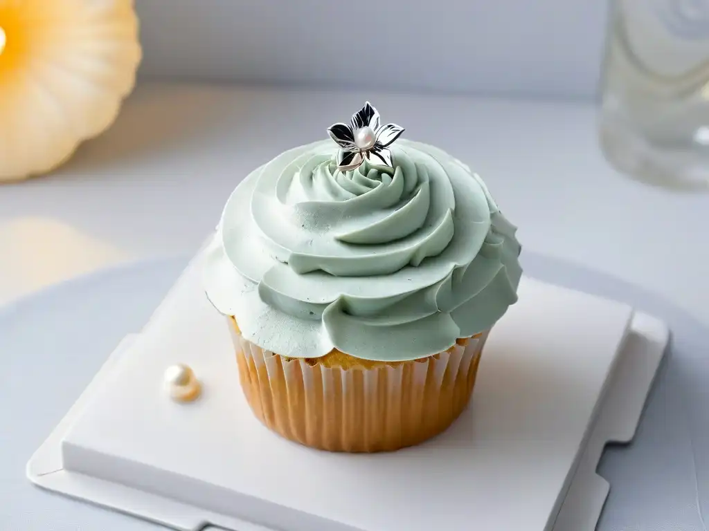 Exquisito cupcake con perla plateada sobre plato blanco moderno