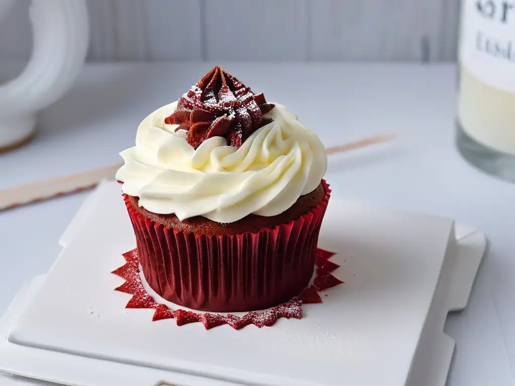 Un exquisito cupcake red velvet con crema de queso, sobre un plato blanco, listo para una revista digital de repostería internacional