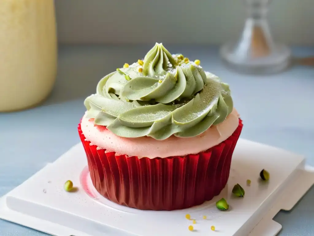 Un exquisito cupcake saludable para diabéticos: frosting perfecto, frambuesa roja brillante y pistachos picados