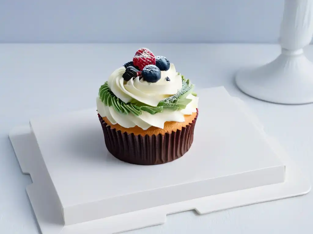 Un exquisito cupcake saludable gourmet con decoración elegante y frutas frescas