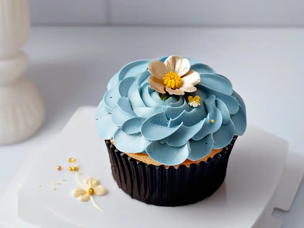 Un exquisito cupcake saludable gourmet decorado con arte en un plato blanco minimalista