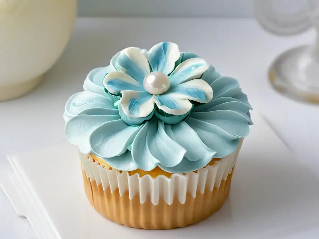 Un exquisito cupcake temático para fiestas infantiles, decorado con detalles elaborados en tonos pastel