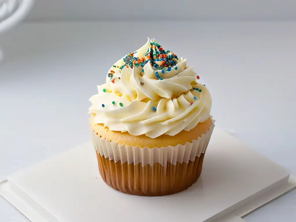 Un exquisito cupcake temático para fiestas infantiles con chispas de arcoíris sobre fondo blanco, detalle y texturas elegantes