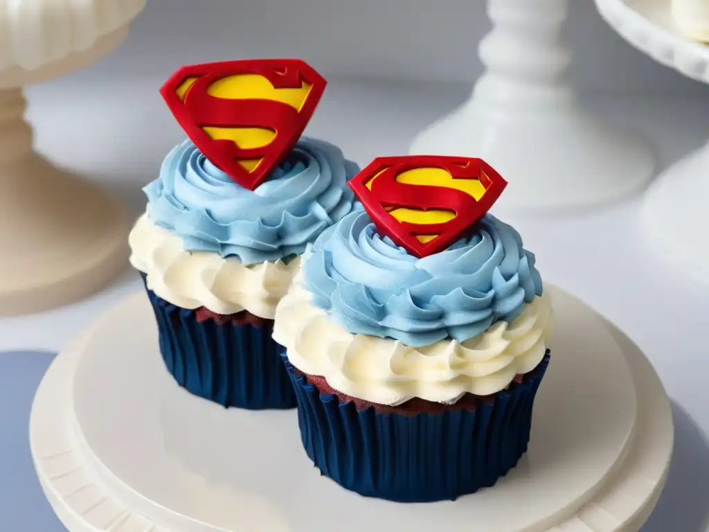 Exquisito cupcake temático de superhéroes con detalles ultra elaborados Un exquisito cupcake temático de superhéroes con detallados diseños de fondant de Superman, Batman y Wonder Woman sobre un fondo blanco