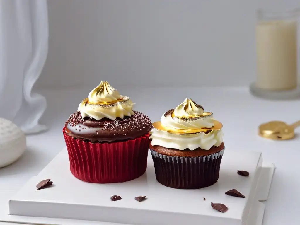 Exquisito cupcake de terciopelo rojo con ganache de chocolate y hoja de oro