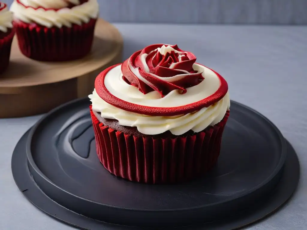 Un exquisito cupcake de terciopelo rojo con remolinos de crema de queso, decorado con una frambuesa fresca