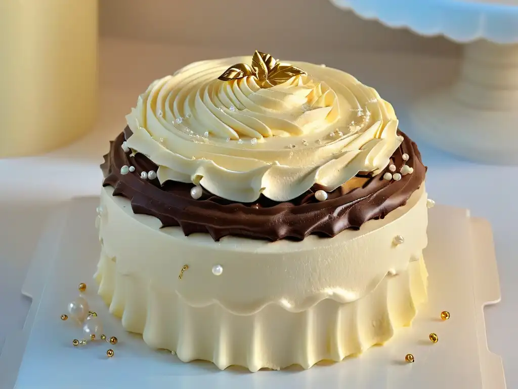 Un exquisito cupcake de vainilla con ganache de chocolate, adornado con oro y perlas comestibles