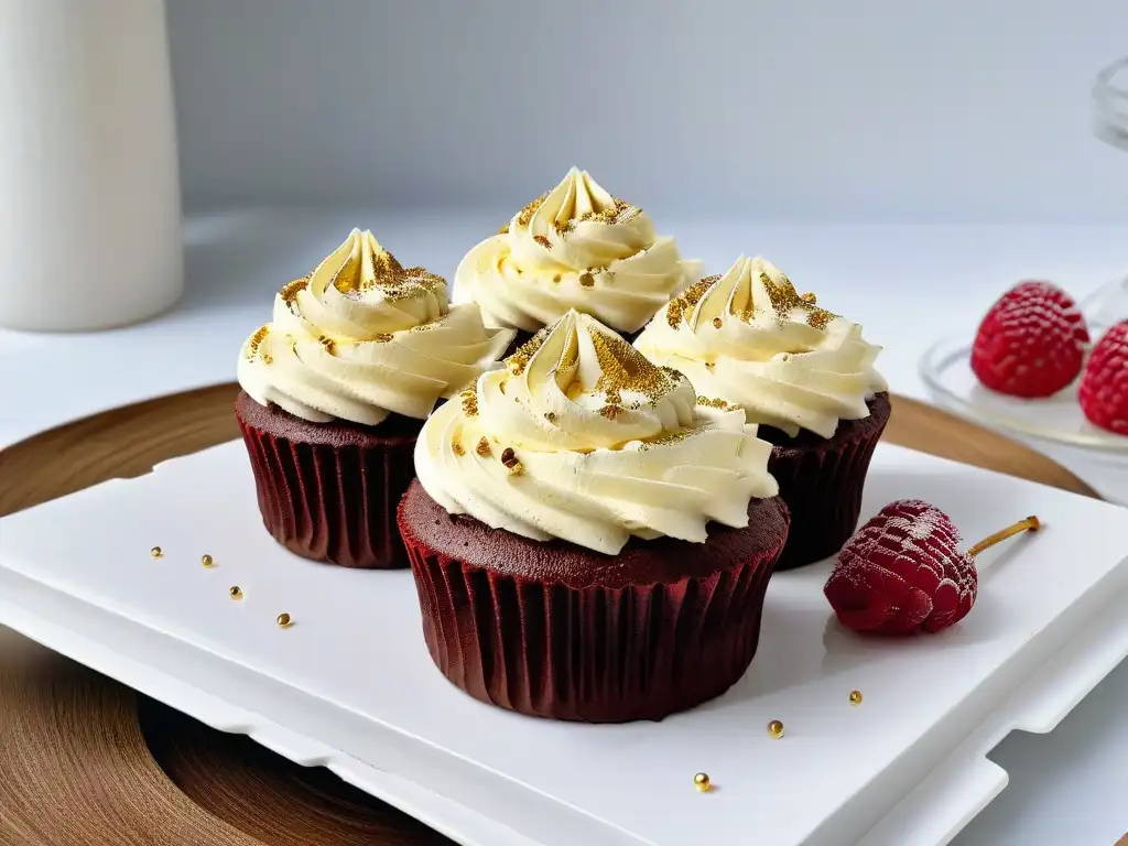 Un exquisito cupcake vegano de chocolate con frambuesas frescas y toques de oro comestible, en un elegante mostrador de mármol