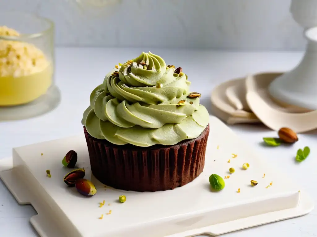 Un exquisito cupcake vegano de chocolate, decorado con frosting sin lácteos y pistachos, sobre un plato moderno en una cocina iluminada naturalmente