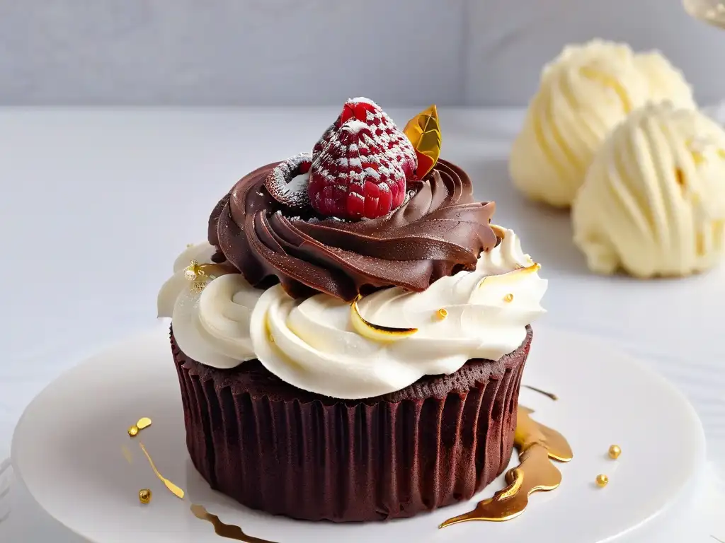 Delicioso cupcake vegano de chocolate con frambuesa y oro comestible Un exquisito cupcake vegano de chocolate con frosting perfecto, frambuesa fresca y hojuelas de oro comestible