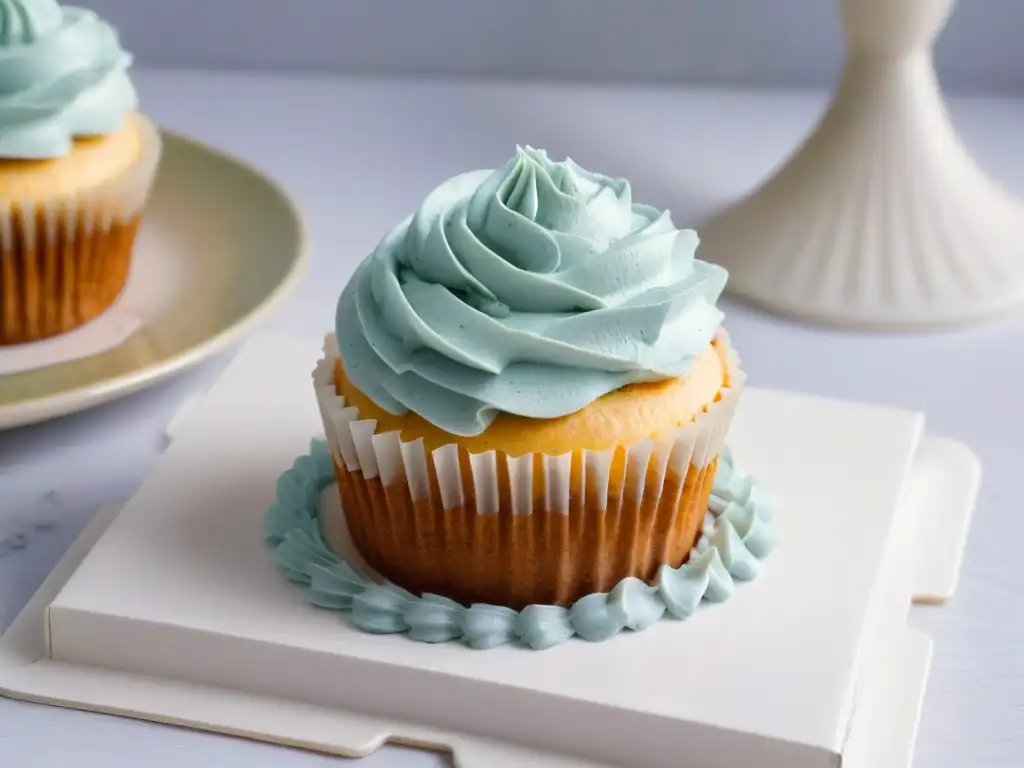 Un exquisito cupcake vegano con cobertura perfecta en tono pastel sobre un plato moderno