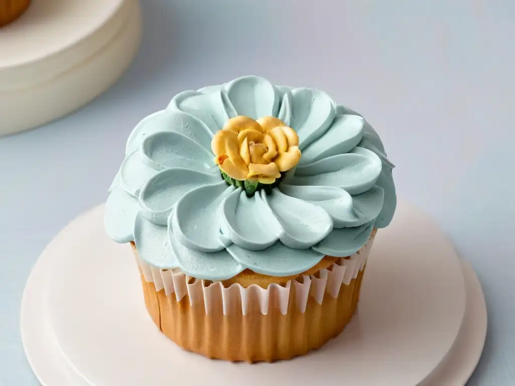 Un exquisito cupcake vegano con decoración de flores y colores pastel, en un ambiente elegante