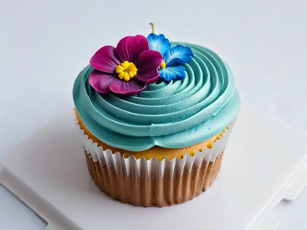 Un exquisito cupcake vegano decorado con flores comestibles vibrantes y frosting delicado, en un fondo blanco limpio