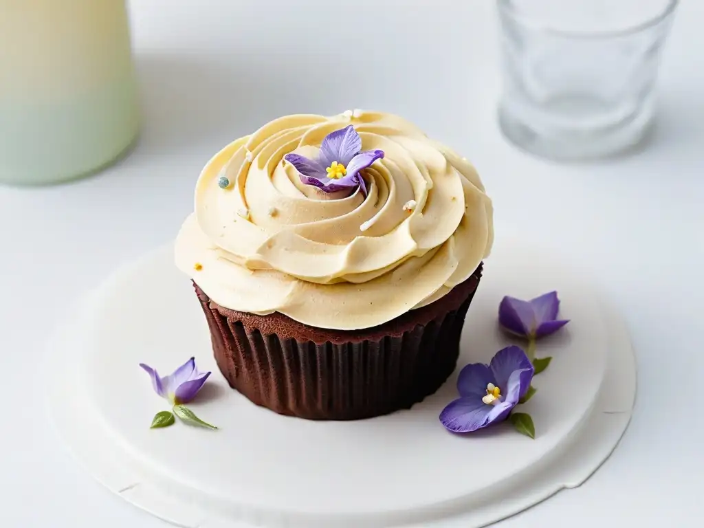 Exquisito cupcake vegano decorado con detalles pastel y flores comestibles, en un fondo blanco elegante