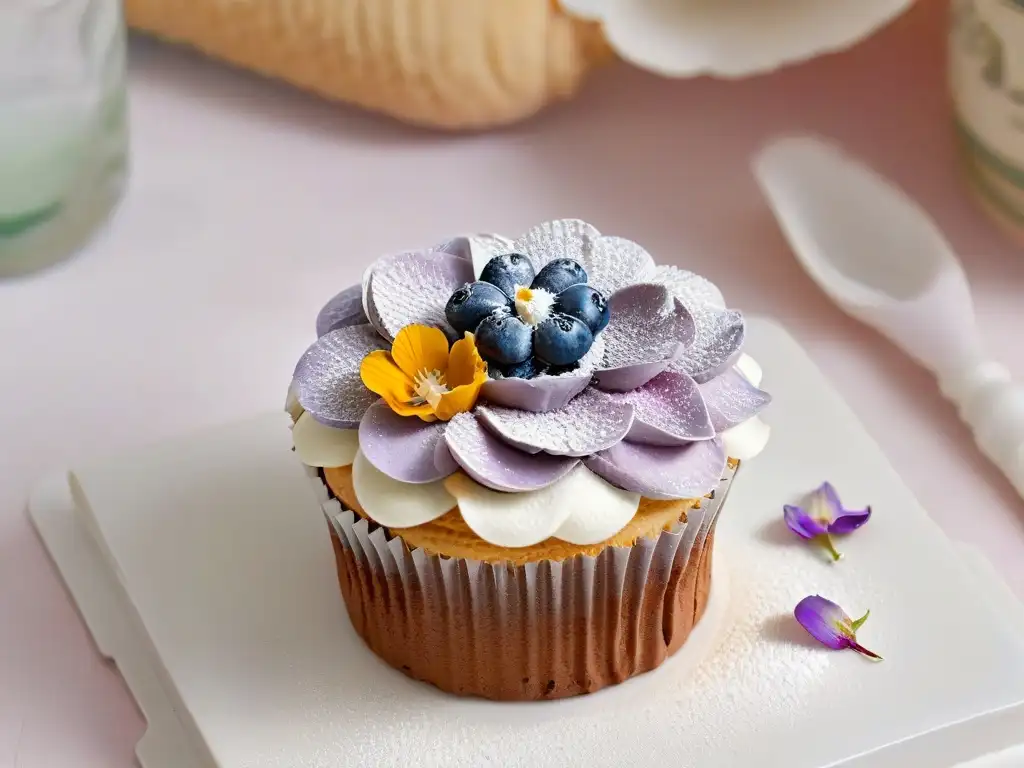 Exquisito cupcake vegano decorado con flores comestibles y frutas, ideal para postres veganos para niños