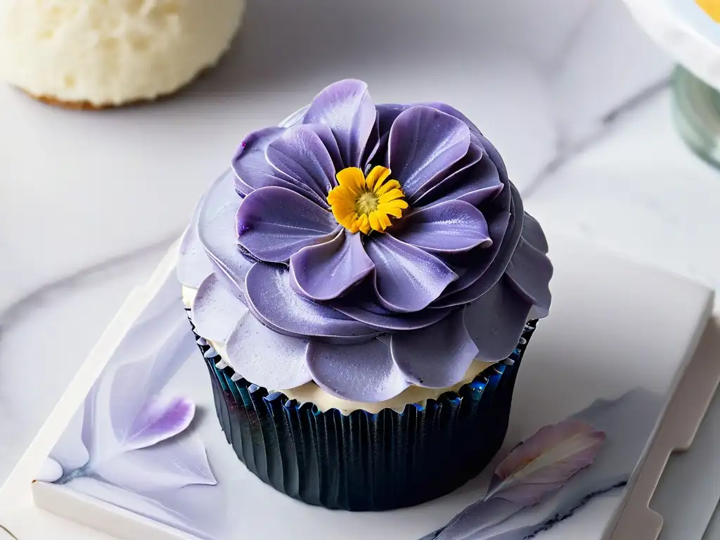 Un exquisito cupcake vegano con decoración floral, en una encimera de mármol