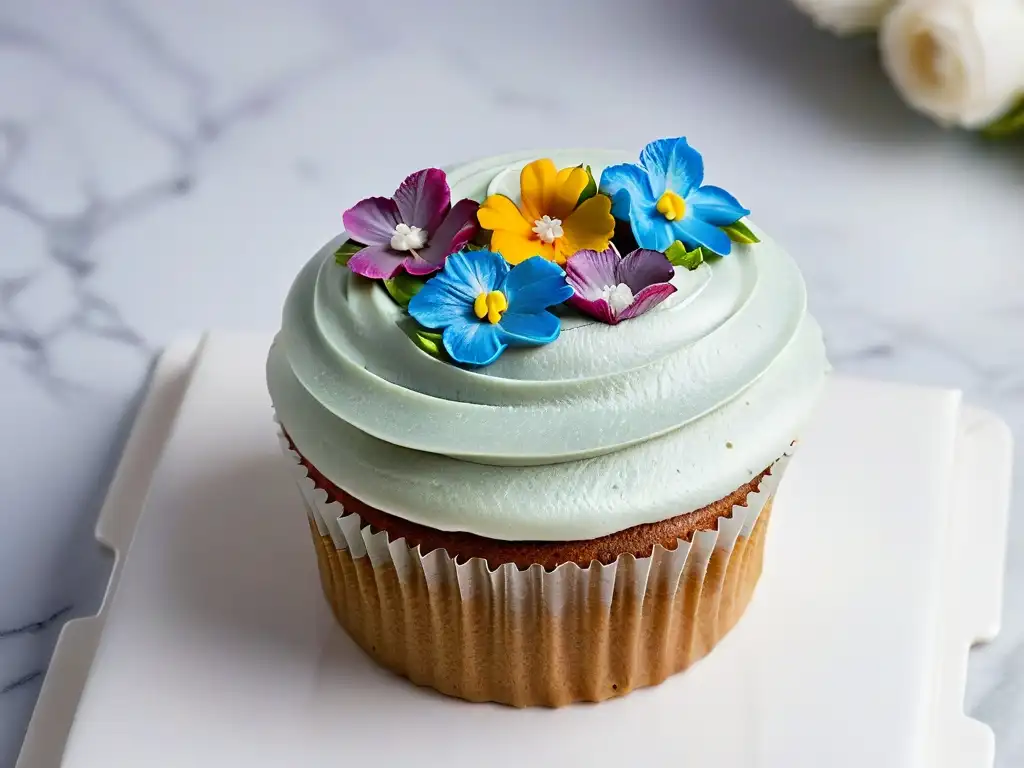 Exquisito cupcake vegano con flores comestibles sobre mármol, destacando detalles y colores, tendencias repostería ética global