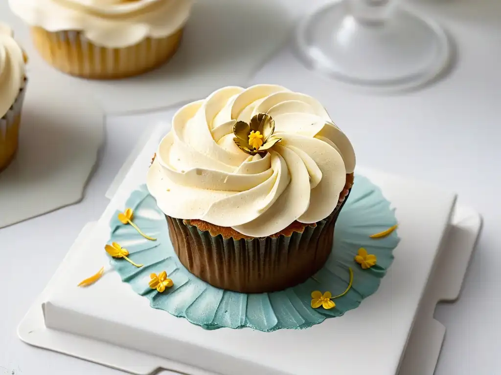 Un exquisito cupcake vegano con flores comestibles y hojas doradas, reflejo de las tendencias globales de repostería 2022