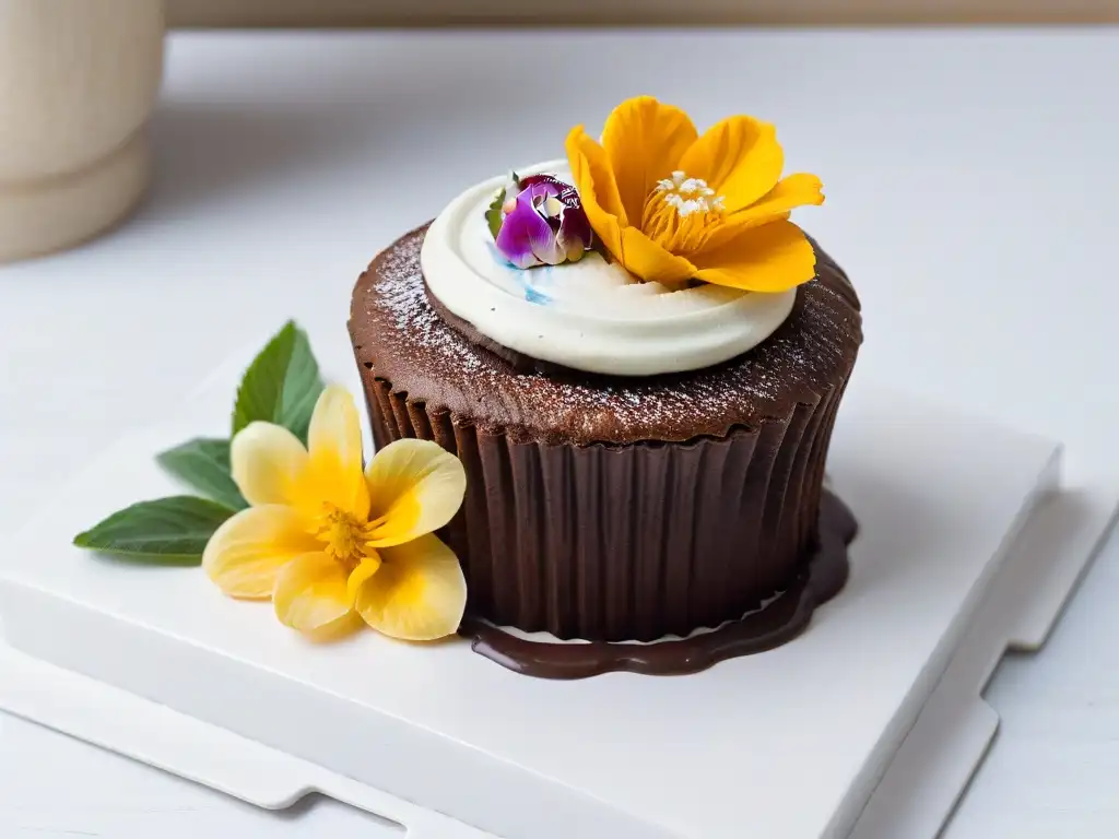 Un exquisito cupcake vegano con flores comestibles y ganache de chocolate sostenible, tendencias globales repostería sostenible