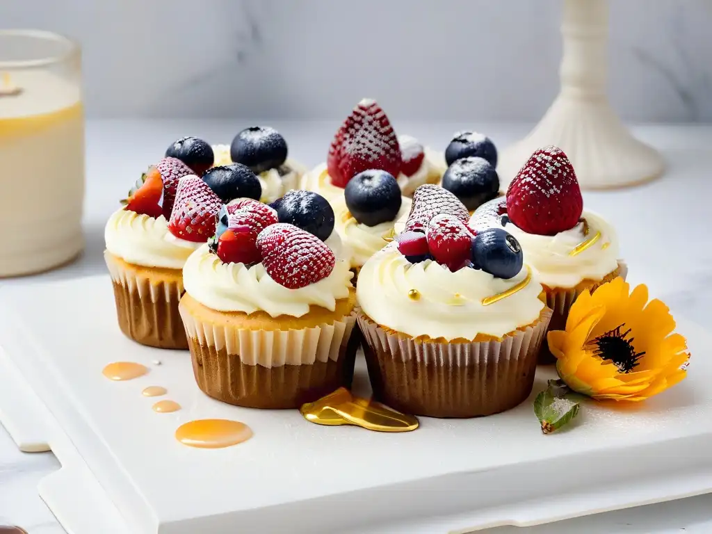 Un exquisito cupcake vegano con bayas frescas y miel ética, sobre plato de mármol