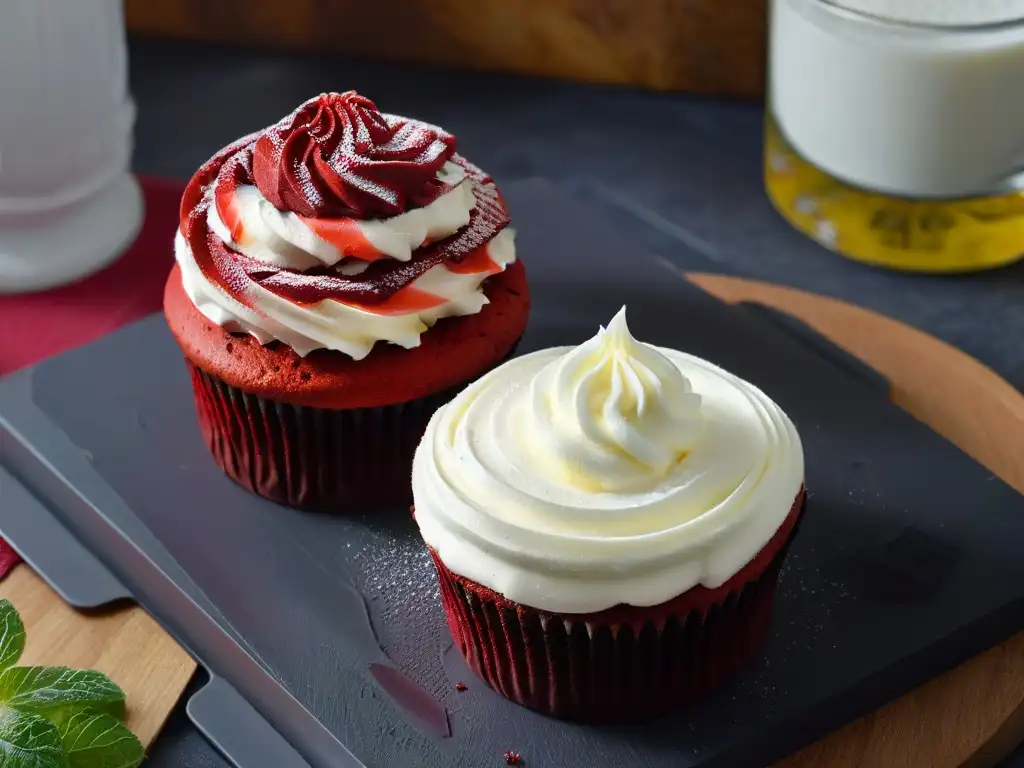 Delicioso cupcake vegano de terciopelo rojo con crema agria Un exquisito cupcake vegano de terciopelo rojo con crema agria, sobre un plato de pizarra