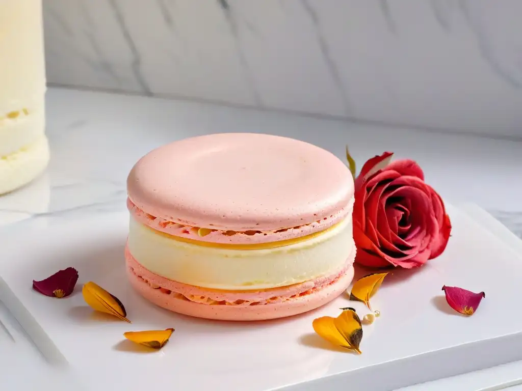 Exquisito macaron decorado con certificaciones online repostería valor, rodeado de pétalos de rosa y vainas de vainilla