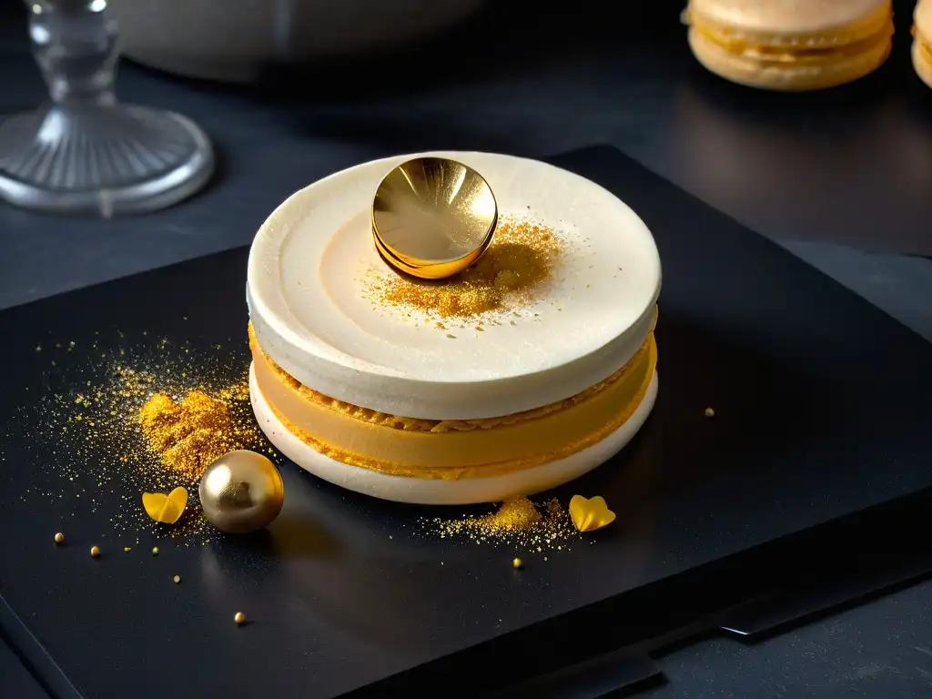 Un exquisito macaron decorado con láminas de oro comestible, sobre una elegante vajilla