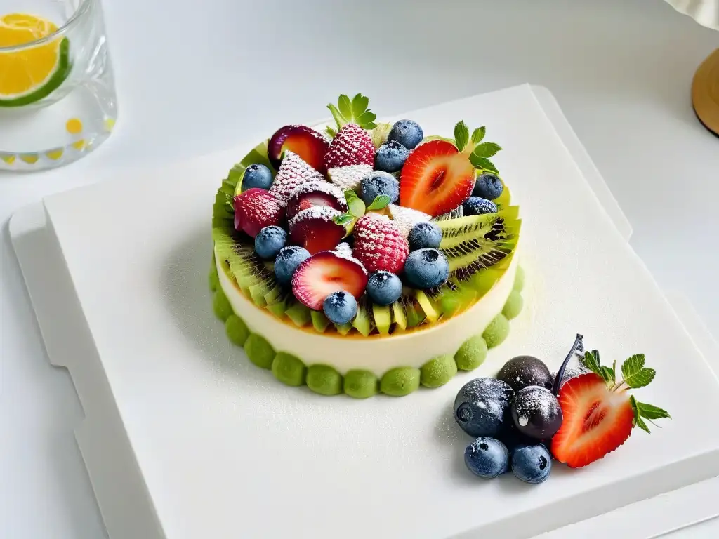 Un exquisito despliegue de tartas de frutas de alta gama, decoradas con precisión y elegancia en una elegante bandeja de mármol blanco