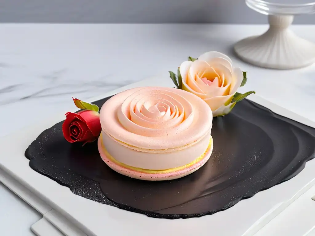 Un exquisito macaron rosa con destellos dorados en un plato negro sobre mármol blanco, bajo luz natural