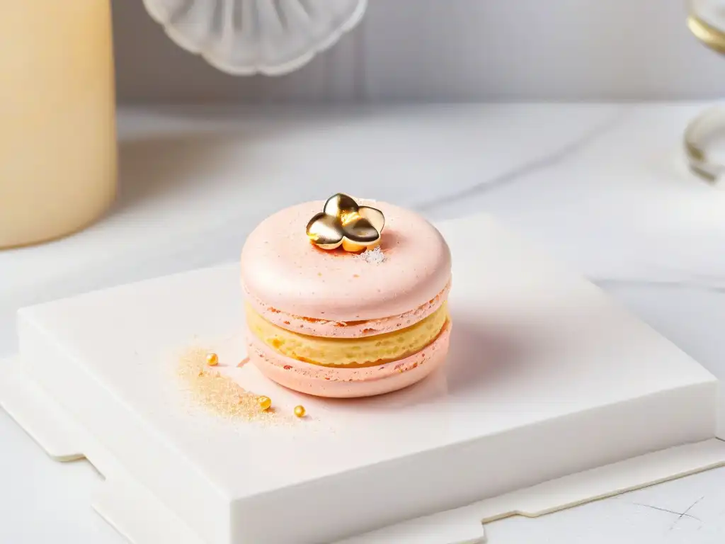 Exquisito macaron rosa con destellos de oro sobre mármol blanco