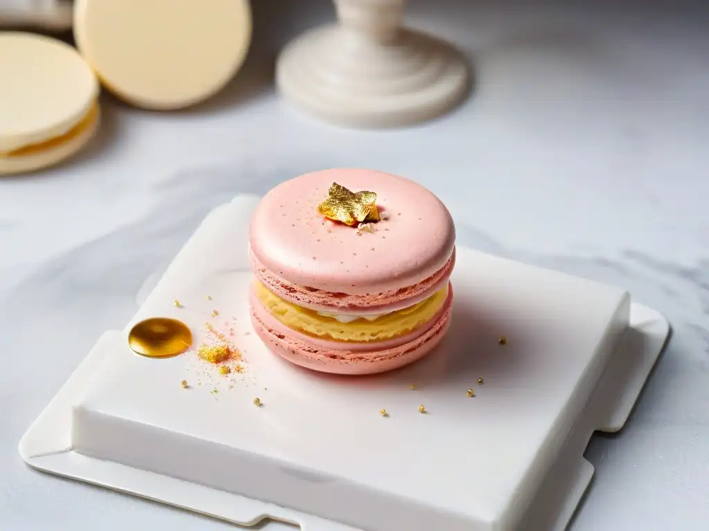 Un exquisito macaron rosa con destellos de oro sobre mármol