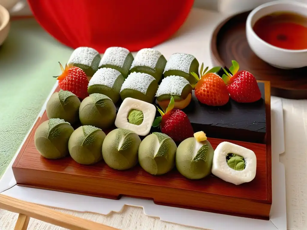 Dulce tentación: Daifuku y Mochi japoneses perfectamente presentados Un exquisito y detallado ambiente japonés con Daifuku y Mochi, resaltando diferencias en preparación