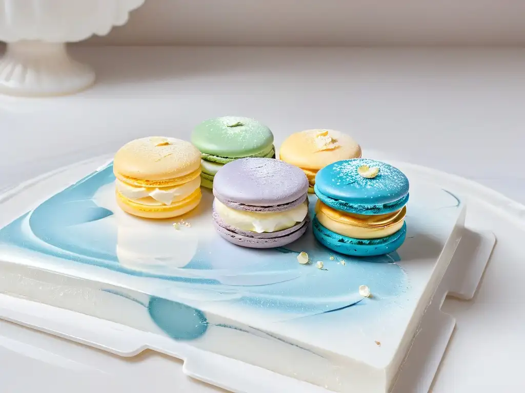 Un exquisito macaron sin gluten, diseño detallado y colores pastel sobre mármol blanco, reflejando tendencias en repostería moderna