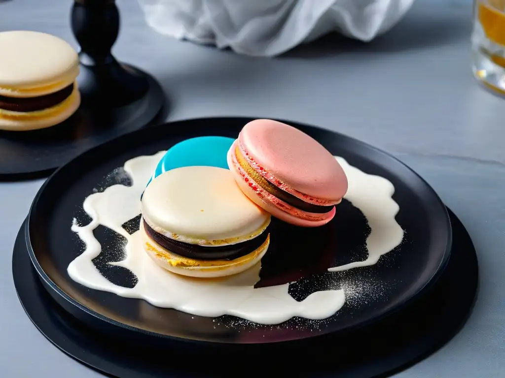 Exquisito macarón delicadamente detallado en un elegante plato negro