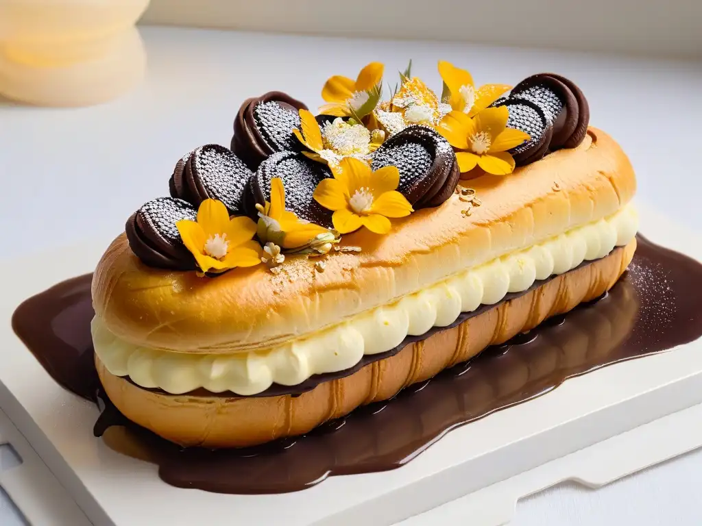 Un exquisito y detallado éclair francés decorado con oro y flores comestibles