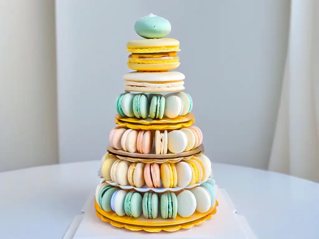 Un exquisito y detallado torre de macarons franceses en variados colores y sabores, destacando la influencia internacional repostería moderna