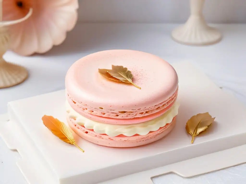 Exquisito macaron rosa con detalles y acabado brillante sobre mármol blanco