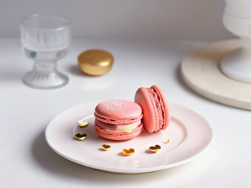 Exquisito macaron francés rosa con detalles dorados en plato blanco