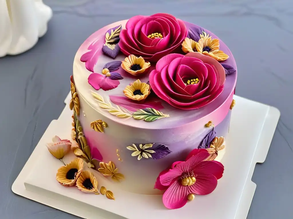 Exquisito diseño floral en un pastel, pintura comestible para repostería en tonos vibrantes de rosa, púrpura y dorado