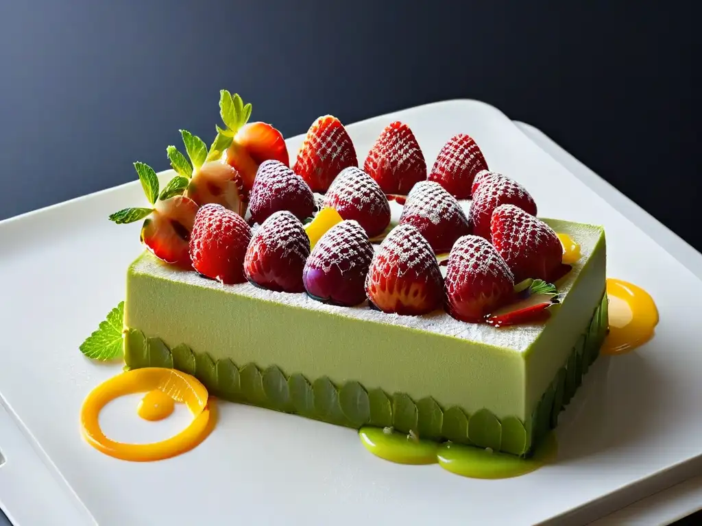 Exquisito diseño moderno de postre: colorida tarta de frutas con patrón geométrico de fresas y kiwi en plato blanco sobre fondo negro