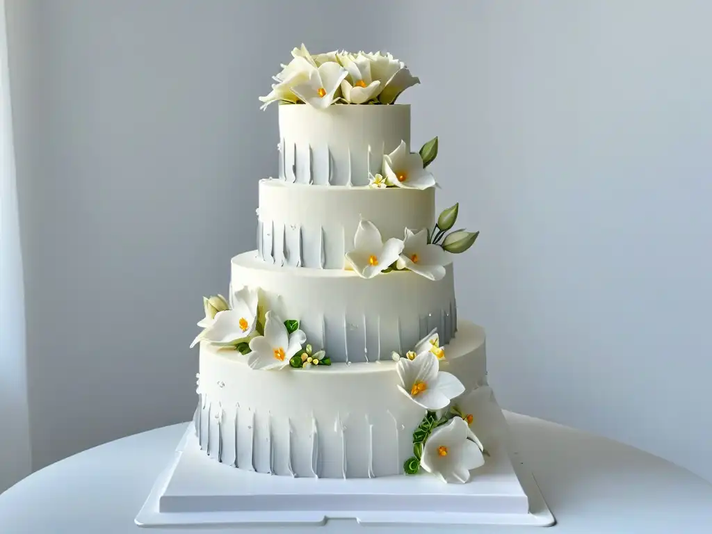 Exquisito diseño de pastel de boda 3D minimalista con patrones geométricos en blanco y plata, adornado con flores comestibles